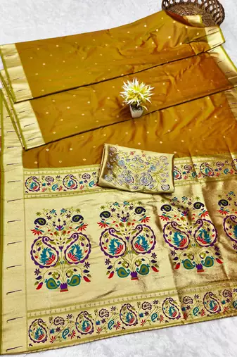 Mehendi zari woven paithani silk traditional saree with swarovski blouse piece