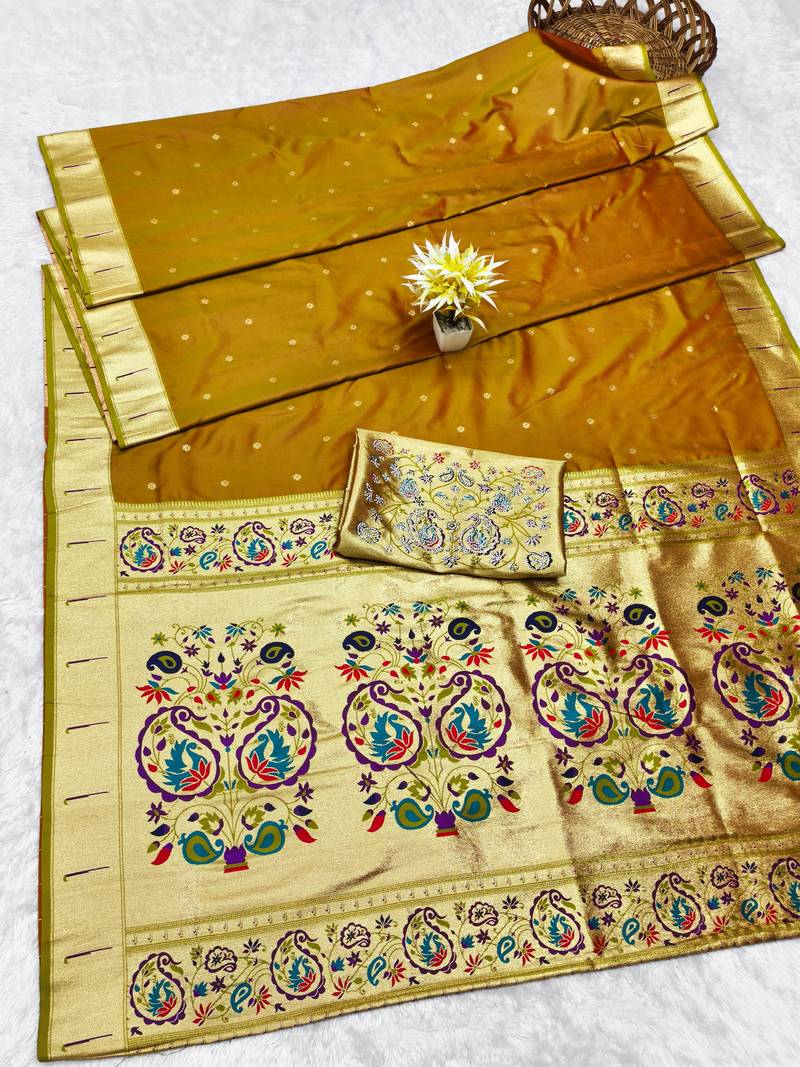 Mehendi zari woven paithani silk traditional saree with swarovski blouse piece
