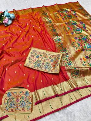 Gajri zari woven paithani silk traditional saree with swarovski blouse piece 1