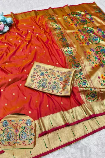 Gajri zari woven paithani silk traditional saree with swarovski blouse piece
