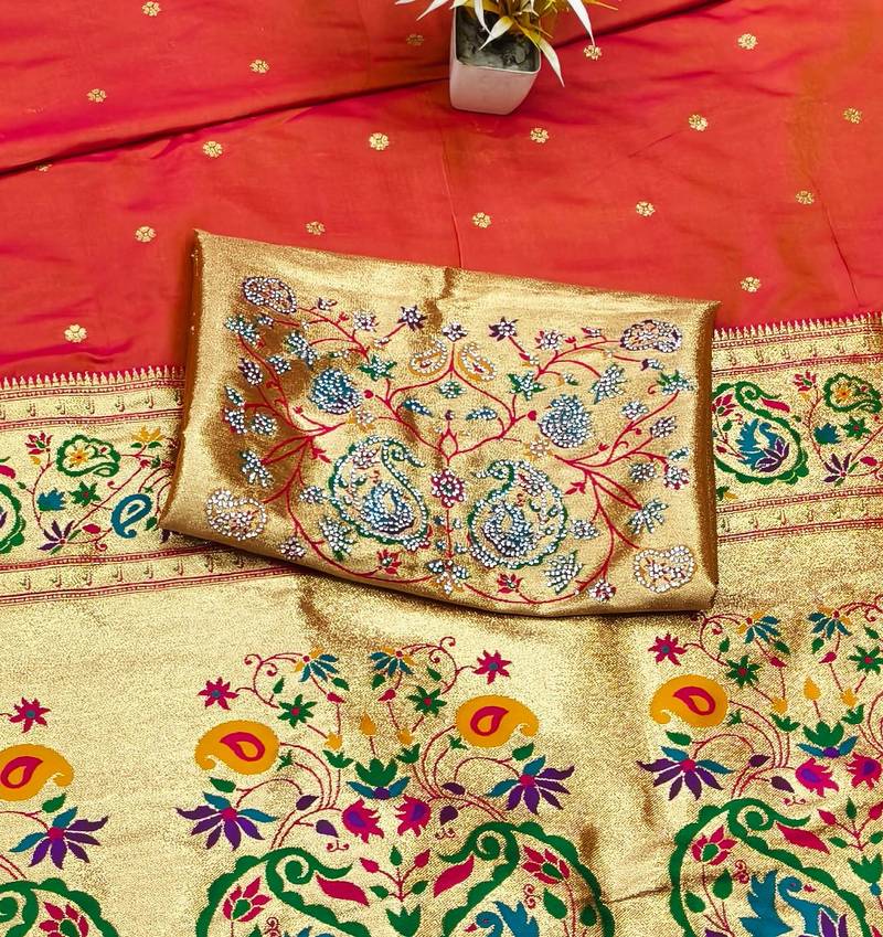 Gajri zari woven paithani silk traditional saree with swarovski blouse piece