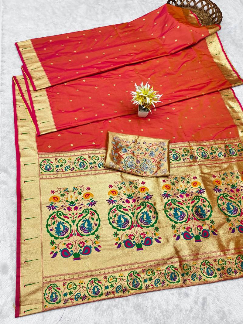 Gajri zari woven paithani silk traditional saree with swarovski blouse piece