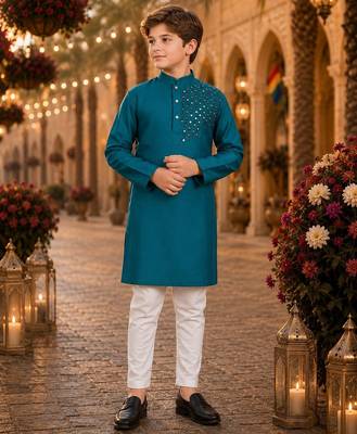 blue color mirror work viscos silk straight kurta 1