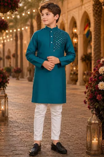 blue color mirror work viscos silk straight kurta