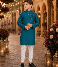 blue color mirror work viscos silk straight kurta