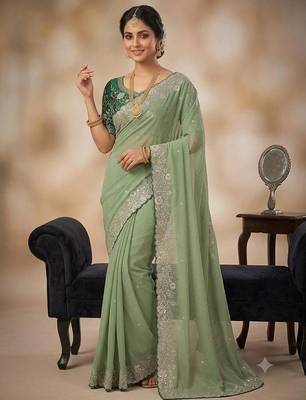 Light Green Color Embroidery Thread and Zari Work georgette Saree 1