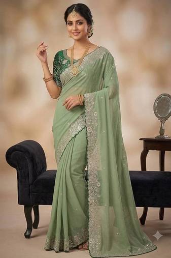 Light Green Embroidery Thread and Zari Work georgette Saree