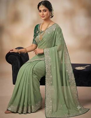 Light Green Color Embroidery Thread and Zari Work georgette Saree 2