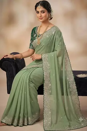 Light Green Color Embroidery Thread and Zari Work georgette Saree