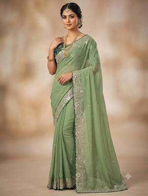 Light Green Color Embroidery Thread and Zari Work georgette Saree 3
