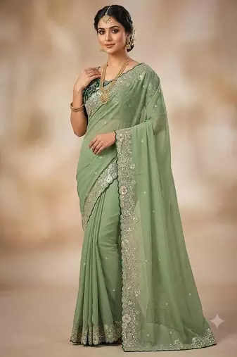 Light Green Color Embroidery Thread and Zari Work georgette Saree