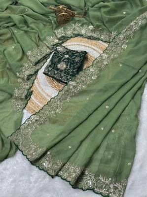 Light Green Color Embroidery Thread and Zari Work georgette Saree 4