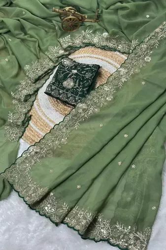 Light Green Color Embroidery Thread and Zari Work georgette Saree