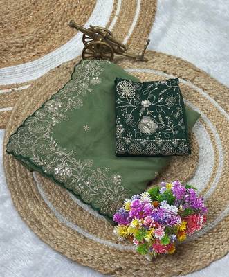Light Green Color Embroidery Thread and Zari Work georgette Saree 5