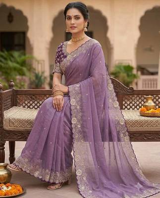 Lavender Color Embroidery Thread and Zari Work georgette Saree 1