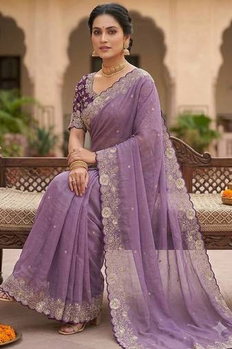 Lavender Color Embroidery Thread and Zari Work georgette Saree