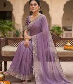 Lavender Color Embroidery Thread and Zari Work georgette Saree