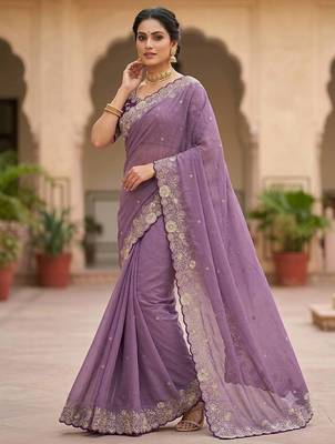 Lavender Color Embroidery Thread and Zari Work georgette Saree 2