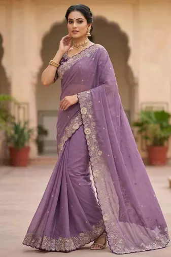 Lavender Color Embroidery Thread and Zari Work georgette Saree