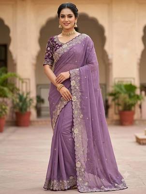Lavender Color Embroidery Thread and Zari Work georgette Saree 3