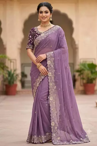 Lavender Color Embroidery Thread and Zari Work georgette Saree