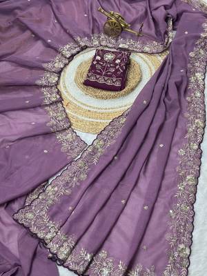 Lavender Color Embroidery Thread and Zari Work georgette Saree 4