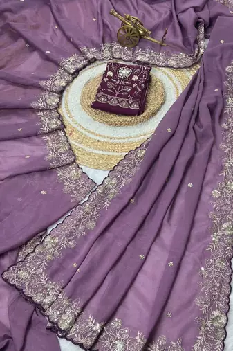 Lavender Color Embroidery Thread and Zari Work georgette Saree