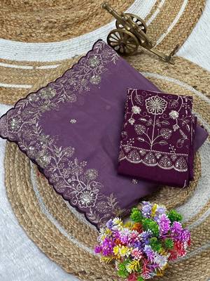 Lavender Color Embroidery Thread and Zari Work georgette Saree 5