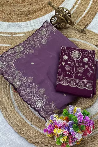 Lavender Color Embroidery Thread and Zari Work georgette Saree