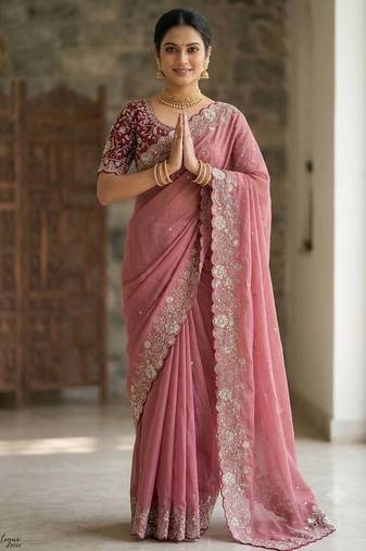 Pink Color Embroidery Thread and Zari Work georgette Saree