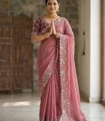 Pink Color Embroidery Thread and Zari Work georgette Saree