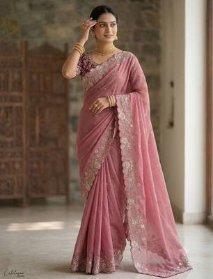Pink Color Embroidery Thread and Zari Work georgette Saree 2