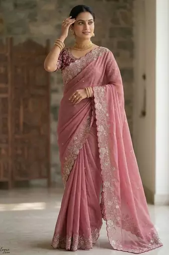 Pink Color Embroidery Thread and Zari Work georgette Saree