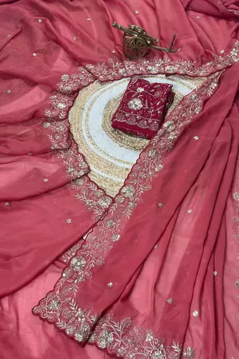 Pink Color Embroidery Thread and Zari Work georgette Saree