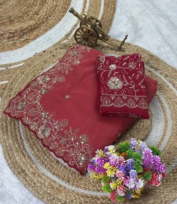 Pink Color Embroidery Thread and Zari Work georgette Saree 4