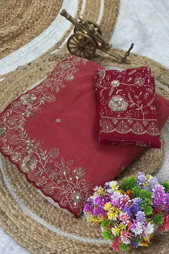 Pink Color Embroidery Thread and Zari Work georgette Saree