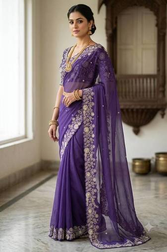 Purple Color Embroidery Thread and Zari Work georgette Saree