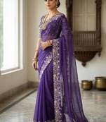 Purple Color Embroidery Thread and Zari Work georgette Saree