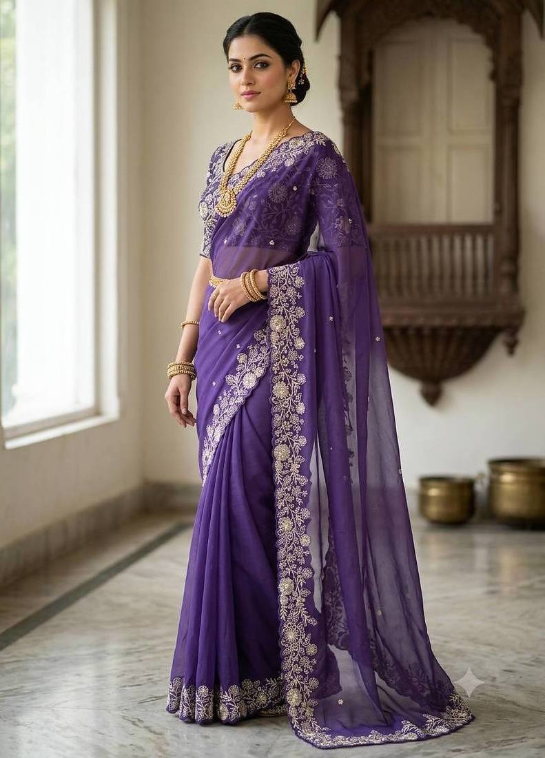 Purple Color Embroidery Thread and Zari Work georgette Saree