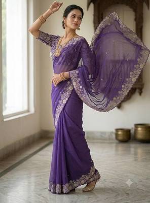 Purple Color Embroidery Thread and Zari Work georgette Saree 2