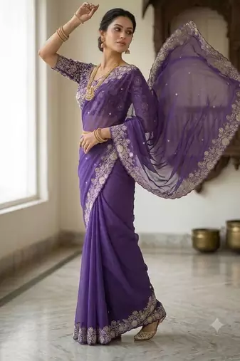 Purple Color Embroidery Thread and Zari Work georgette Saree
