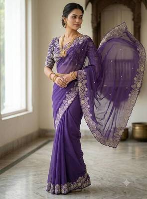 Purple Color Embroidery Thread and Zari Work georgette Saree 3