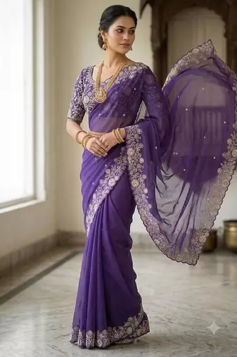 Purple Color Embroidery Thread and Zari Work georgette Saree