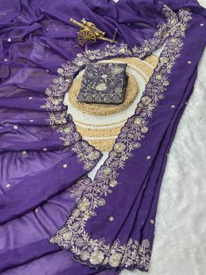 Purple Color Embroidery Thread and Zari Work georgette Saree 4