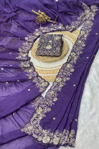 Purple Color Embroidery Thread and Zari Work georgette Saree
