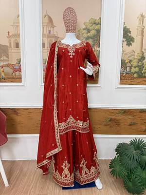 Orange Front Embroidery Work & Back Side Drawstring Pattern Chinon Kurti Set 1