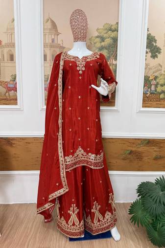 Orange Front Embroidery Work & Back Side Drawstring Pattern Chinon Kurti Set