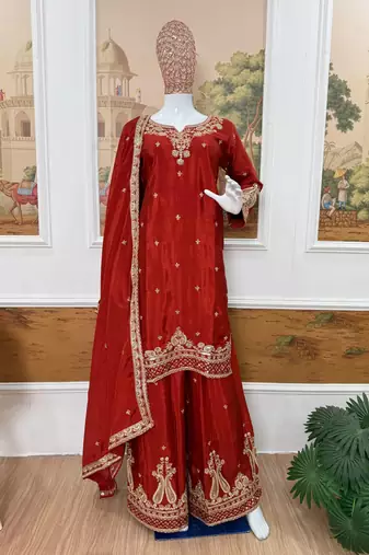 Orange Front Embroidery Work & Back Side Drawstring Pattern Chinon Kurti Set