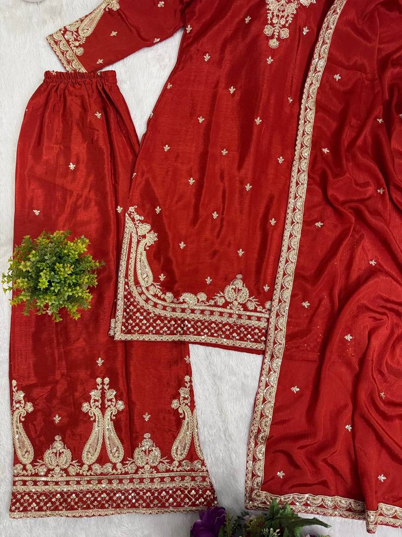 Orange Front Embroidery Work & Back Side Drawstring Pattern Chinon Kurti Set