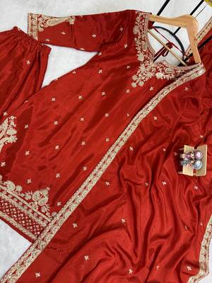 Orange Front Embroidery Work & Back Side Drawstring Pattern Chinon Kurti Set 3